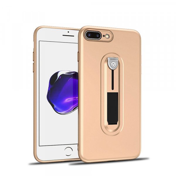 Wholesale iPhone 8 Plus / 7 Plus Runner Slide Stripe Finger Holder Stand Case (Champagne Gold)